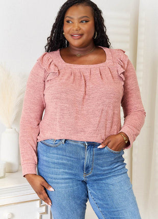 Double Take Square Neck Ruffle Shoulder Long Sleeve T-Shirt - MimiStylez