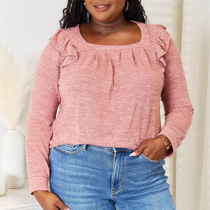 Double Take Square Neck Ruffle Shoulder Long Sleeve T-Shirt - MimiStylez