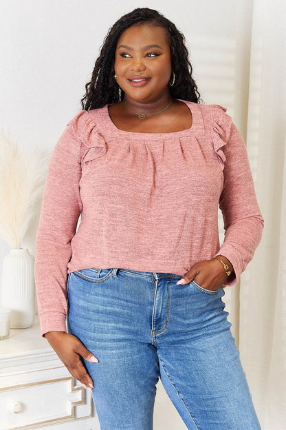 Double Take Square Neck Ruffle Shoulder Long Sleeve T-Shirt - MimiStylez