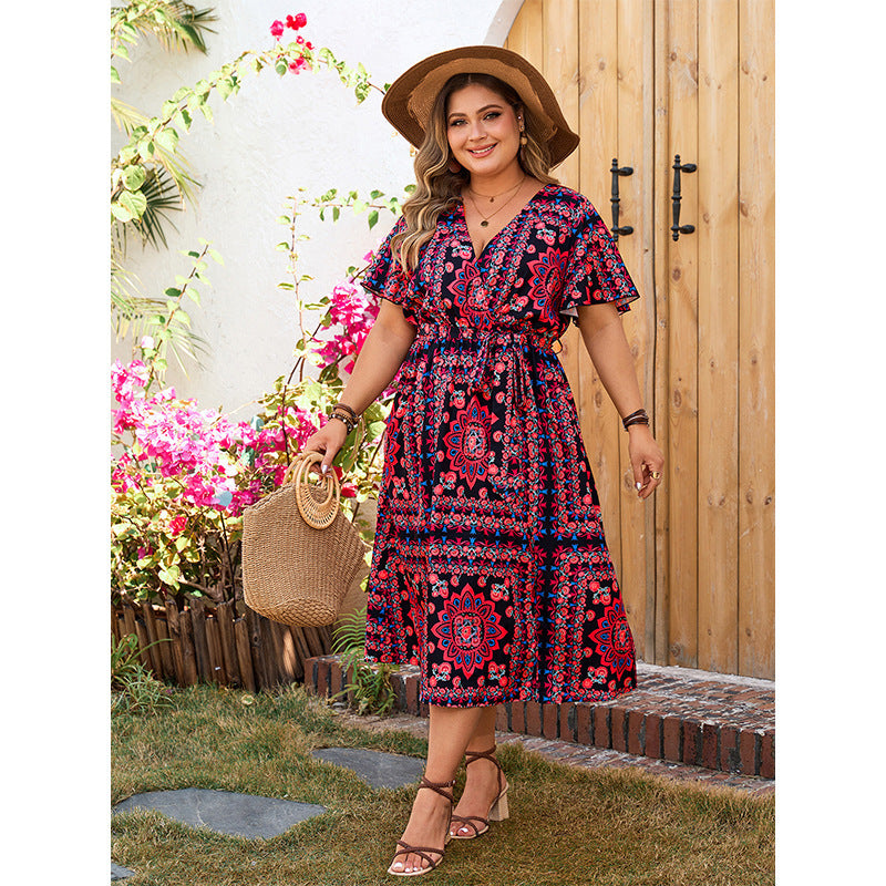 European And American Retro Plus-sized Loose Printed Dress Dress Casual V-neck Dress