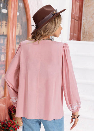 Floral Tie Neck Balloon Sleeve Blouse - MimiStylez