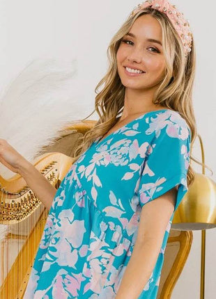 BiBi Floral Crinkle Shirred Ruffle Detail V Neck Dress - MimiStylez