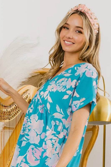 BiBi Floral Crinkle Shirred Ruffle Detail V Neck Dress - MimiStylez