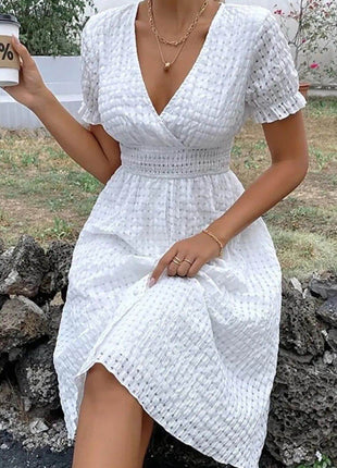 Textured Surplice Short Sleeve Dress - MimiStylez