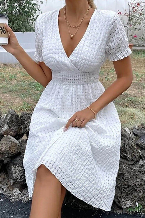 Textured Surplice Short Sleeve Dress - MimiStylez