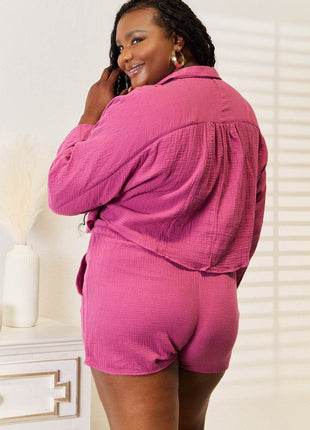 Basic Bae Buttoned Long Sleeve Top and Shorts Set - MimiStylez