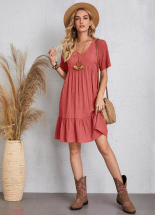 Full Size V-Neck Short Sleeve Dress - MimiStylez