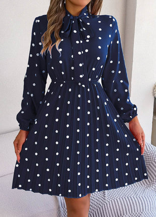 Polka Dot Tie Neck Pleated Dress - MimiStylez