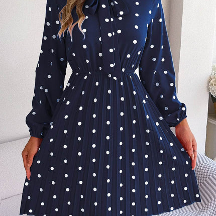 Polka Dot Tie Neck Pleated Dress - MimiStylez