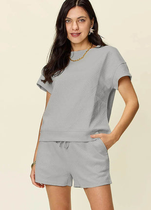 Double Take Full Size Texture Short Sleeve T-Shirt and Drawstring Shorts Set - MimiStylez