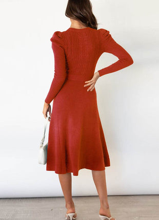 Round Neck Long Sleeve Tie Waist Sweater Dress - MimiStylez