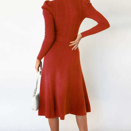 Round Neck Long Sleeve Tie Waist Sweater Dress - MimiStylez