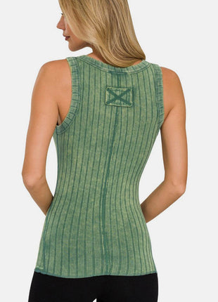 Zenana Washed Ribbed Half Snap Henry Tank - MimiStylez