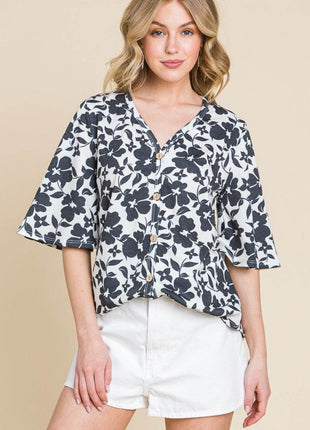 BOMBOM Floral Decorative Button V-Neck Top - MimiStylez