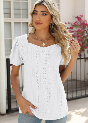 Eyelet Puff Sleeve T-Shirt - MimiStylez