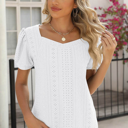 Eyelet Puff Sleeve T-Shirt - MimiStylez