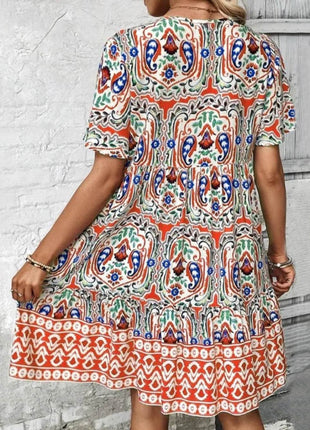 Printed Tie Neck Short Sleeve Dress - MimiStylez