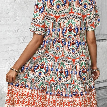 Printed Tie Neck Short Sleeve Dress - MimiStylez