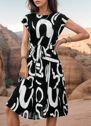 Printed Cap Sleeve Tie Waist Dress - MimiStylez