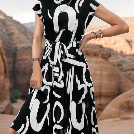 Printed Cap Sleeve Tie Waist Dress - MimiStylez