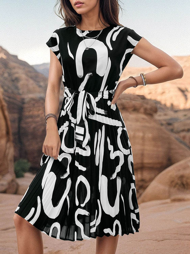 Printed Cap Sleeve Tie Waist Dress - MimiStylez