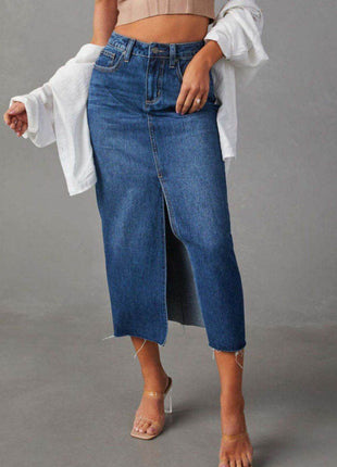 Slit Raw Hem Midi Denim Skirt - MimiStylez