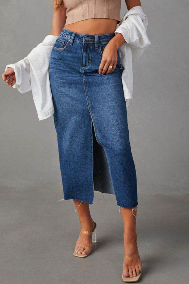 Slit Raw Hem Midi Denim Skirt - MimiStylez
