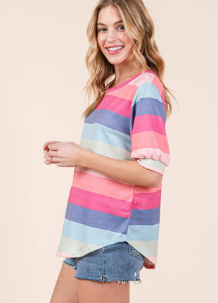 BOMBOM Striped Round Neck Half Sleeve T-Shirt - MimiStylez