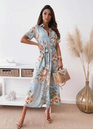Printed Tie Waist Short Sleeve Midi Shirt Dress - MimiStylez