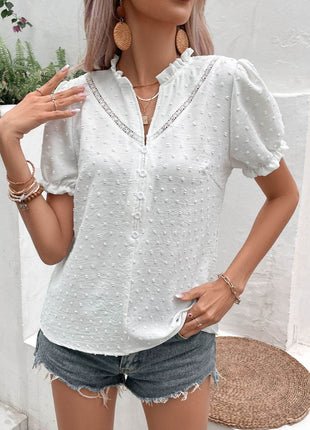 Swiss Dot Buttoned Puff Sleeve Blouse - MimiStylez