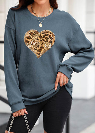 Heart Leopard Sequin Round Neck Sweatshirt - MimiStylez