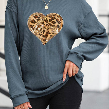 Heart Leopard Sequin Round Neck Sweatshirt - MimiStylez