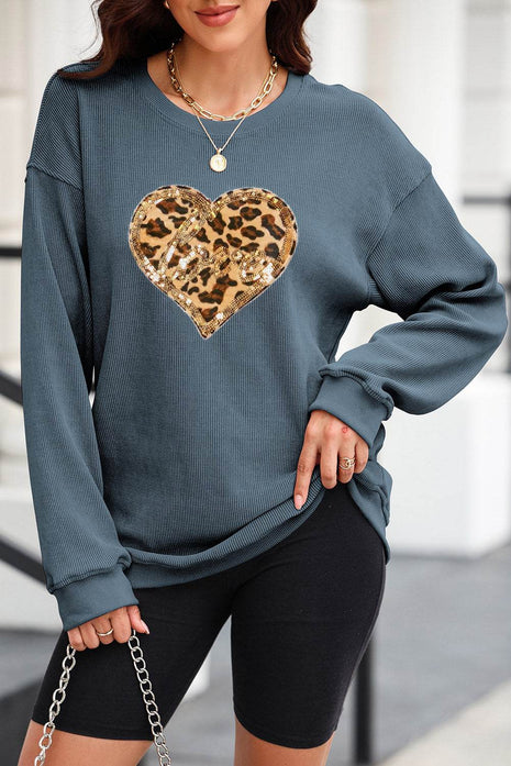 Heart Leopard Sequin Round Neck Sweatshirt - MimiStylez