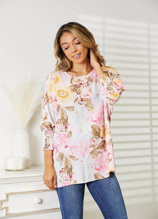 Double Take Floral Round Neck Three-Quarter Sleeve Top - MimiStylez