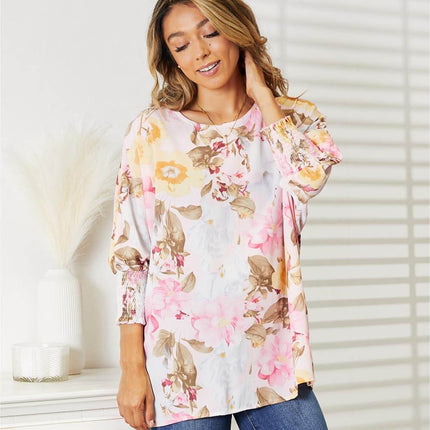 Double Take Floral Round Neck Three-Quarter Sleeve Top - MimiStylez
