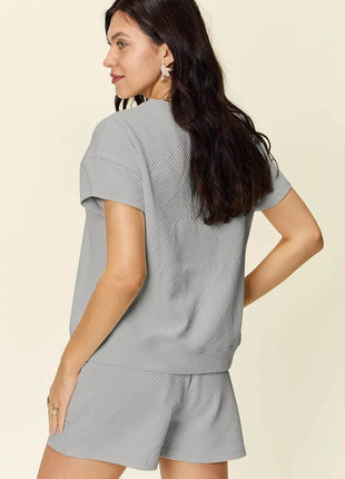 Double Take Full Size Texture Short Sleeve T-Shirt and Drawstring Shorts Set - MimiStylez
