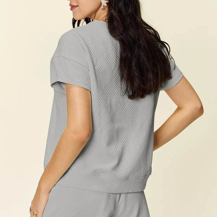 Double Take Full Size Texture Short Sleeve T-Shirt and Drawstring Shorts Set - MimiStylez