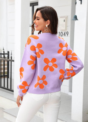 Floral Print Round Neck Dropped Shoulder Pullover Sweater - MimiStylez