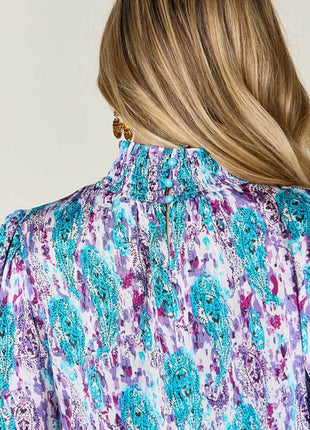 Double Take Full Size Printed Smocked Long Sleeve Blouse - MimiStylez