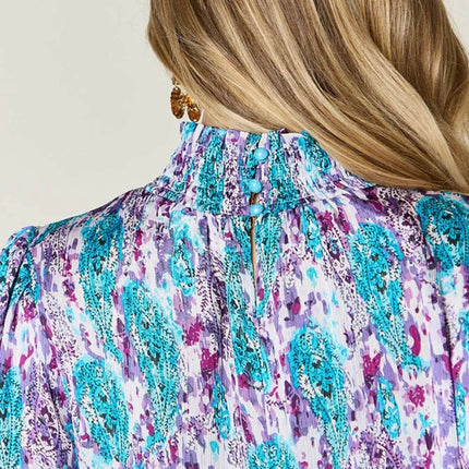 Double Take Full Size Printed Smocked Long Sleeve Blouse - MimiStylez