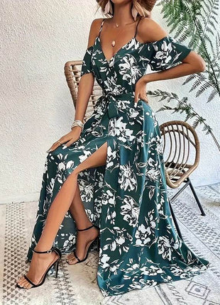 Women's Floral Maxi Dress Cold Shoulder Split Belted A Line Long Summer Dress - MimiStylez
