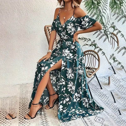 Women's Floral Maxi Dress Cold Shoulder Split Belted A Line Long Summer Dress - MimiStylez