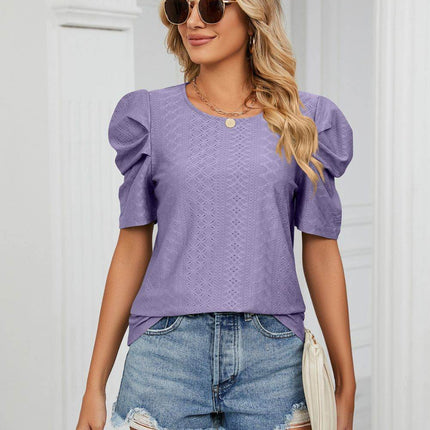 Eyelet Puff Sleeve Round Neck Blouse - MimiStylez