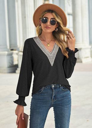 V-Neck Eyelet Flounce Sleeve Blouse - MimiStylez