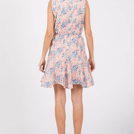 GeeGee Full Size Floral Eyelet Sleeveless Mini Dress - MimiStylez