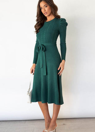 Round Neck Long Sleeve Tie Waist Sweater Dress - MimiStylez