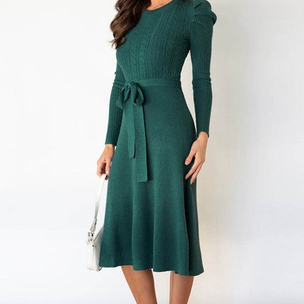 Round Neck Long Sleeve Tie Waist Sweater Dress - MimiStylez