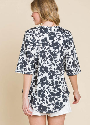 BOMBOM Floral Decorative Button V-Neck Top - MimiStylez