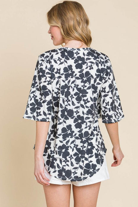 BOMBOM Floral Decorative Button V-Neck Top - MimiStylez