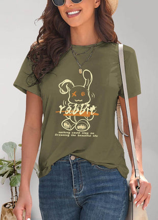 Rabbit Graphic Round Neck Short Sleeve T-Shirt - MimiStylez